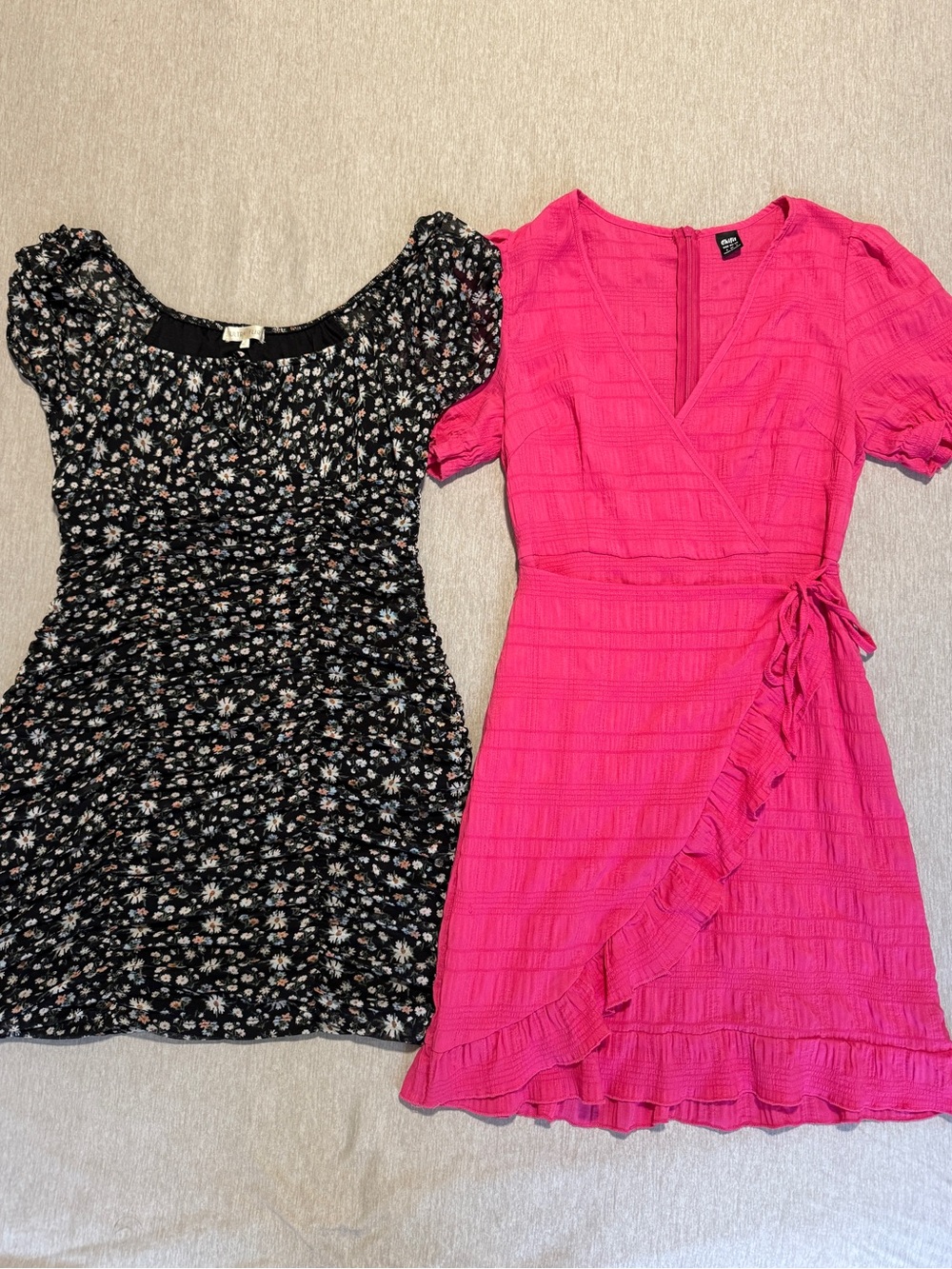 2 Dress Bundle Size S Pink Wrap & Black Floral Ruched Mini Dresses